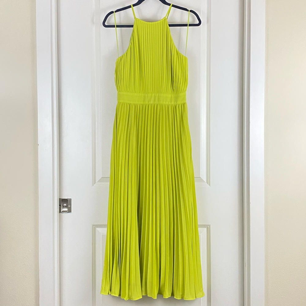 Flying Tomato Women's Midi Dress Lime Green Halter Pleated Skirt Size Small